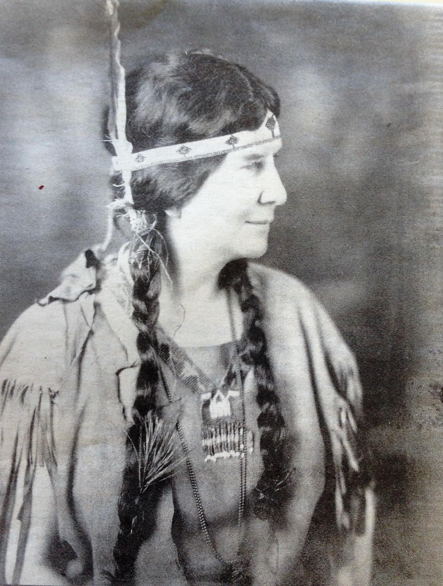 Photo from the Patterson Library Archives of Mabel Powers dressed in her Indian garb that she wore when she told Indian stories and sang songs at her Indian Fire Circle at Wahmeda on Chautauqua Lake