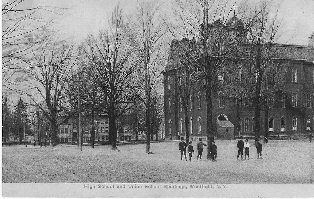 1910 postcard of the 1867 Union School (cupola on top) and 1902 High School in background (before Jr. High wing added in 1920s)